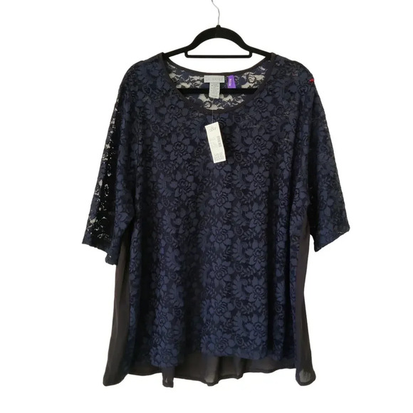 Catherines Floral Lace Sheer Blouse Short Sleeve Navy Boat Neck Sz 18-20W Petite - Picture 7 of 7